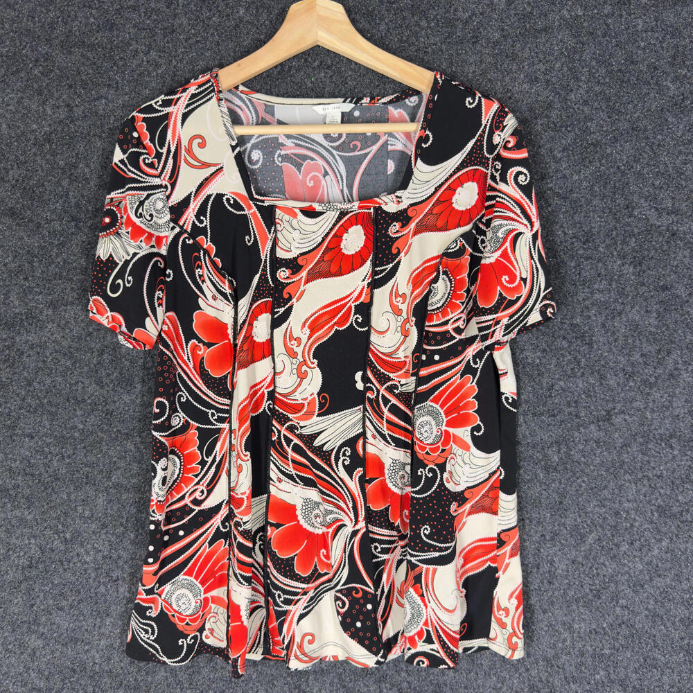 Cato Blouse Women L Large Black Floral Square Neck Short Sleeve Pullover Casual
